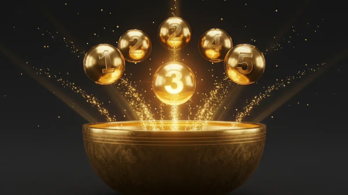 539 中獎規則圖解:五顆金色號碼球浮在空中,代表從 39 個號碼中開出的 5 個中獎號
