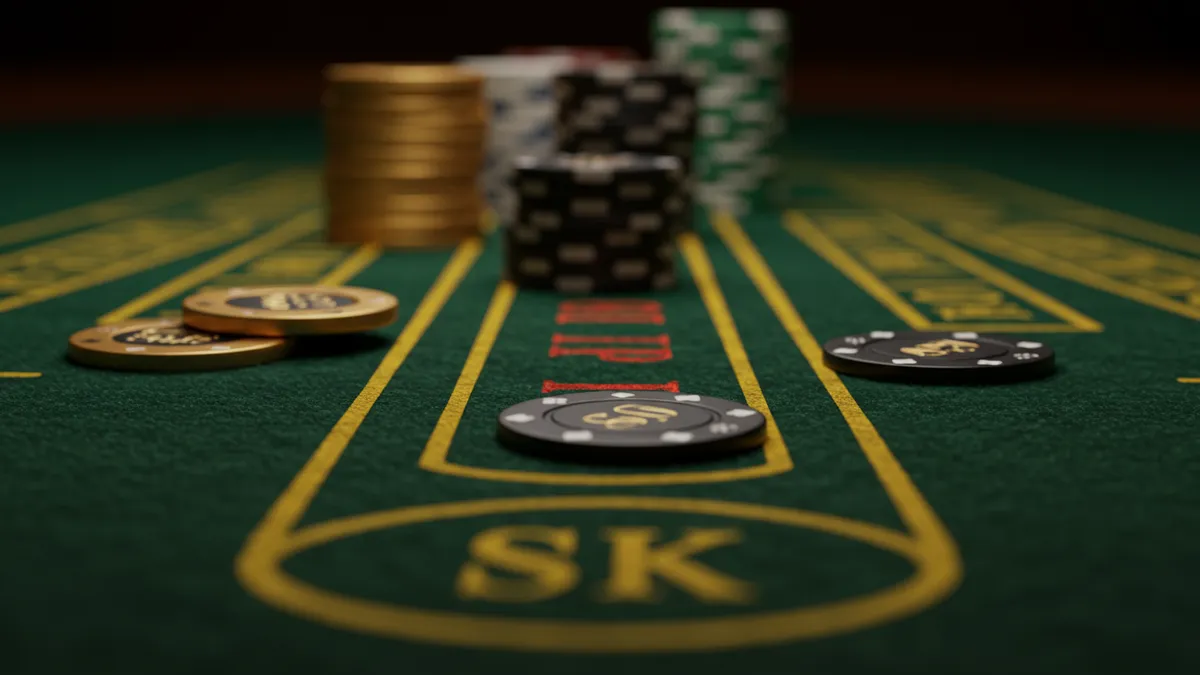 百家樂投注區域特寫：莊閒和三個投注位與籌碼堆疊