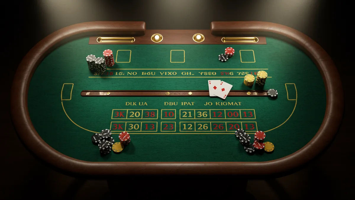 百家樂牌桌俯視圖：深綠色牌桌上擺放著金色與黑色籌碼