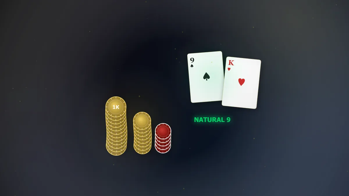 百家樂如何贏：高聳的金色籌碼堆旁擺著百家樂勝局