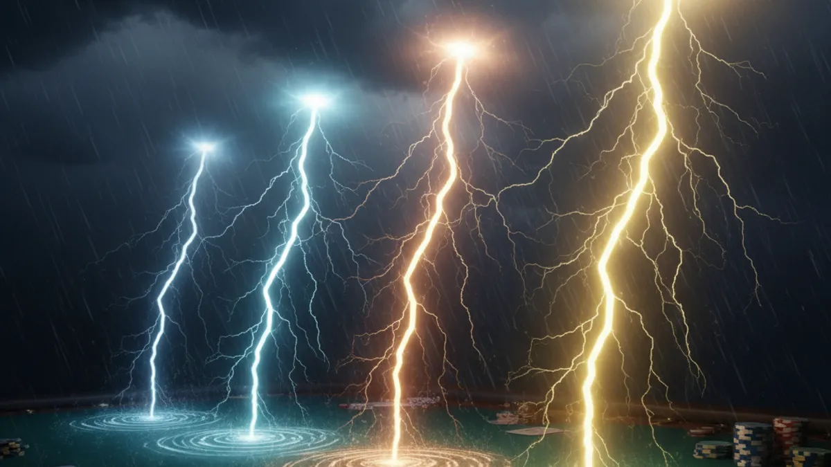 閃電百家樂倍率機制:五道閃電依序擊中牌桌,每道顏色強度從藍到金遞增