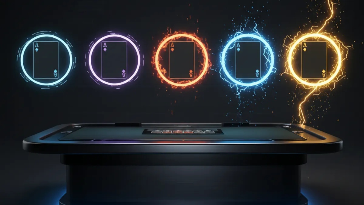 閃電百家樂倍率顯示畫面:五張牌各自被不同大小的倍率光環包圍