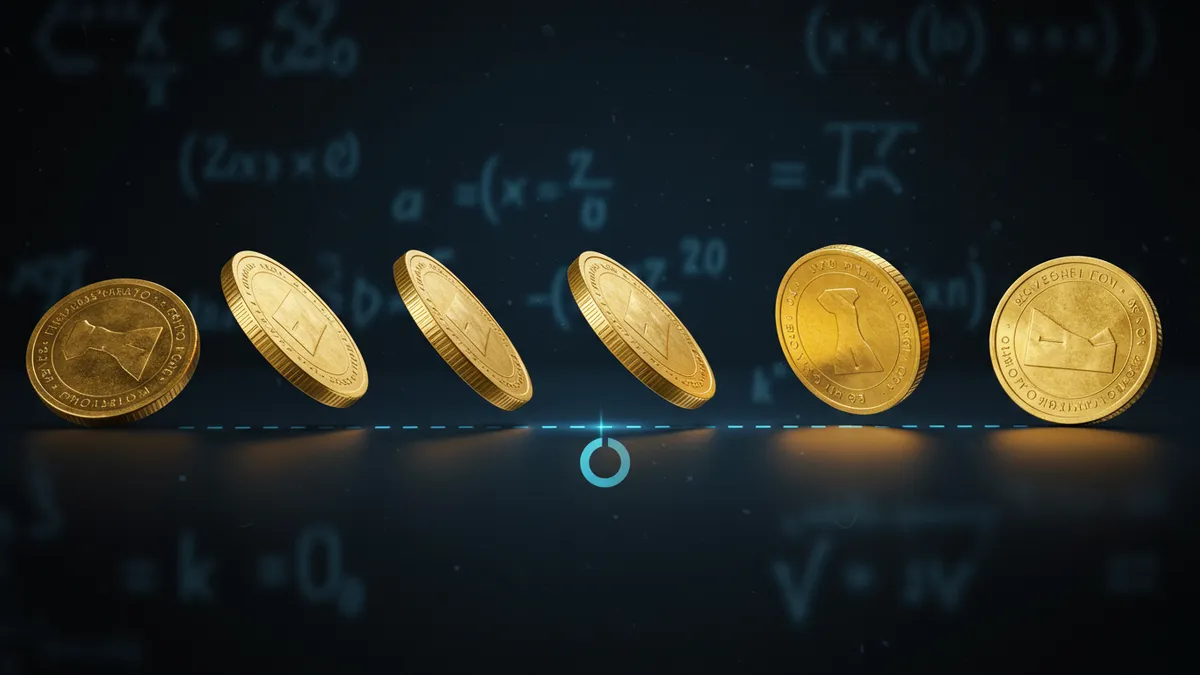 賭徒謬誤概念圖：五枚等機率拋擲的金幣，每次結果獨立不受前次影響