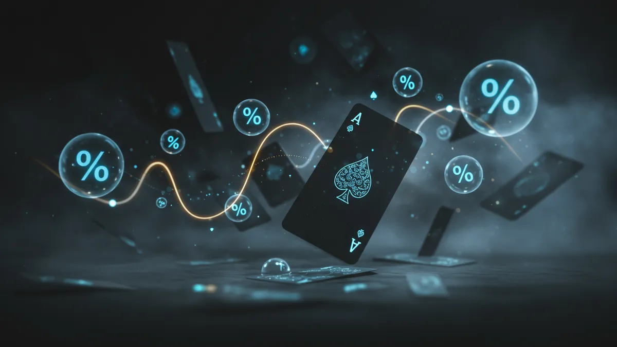 百家樂機率概念圖：撲克牌浮在空中，周圍環繞半透明機率數值與數學曲線