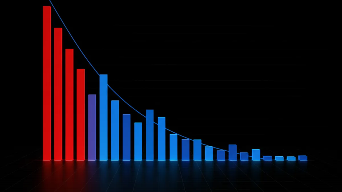 百家樂連勝機率統計圖：指數衰減曲線顯示連勝次數越多機率越低