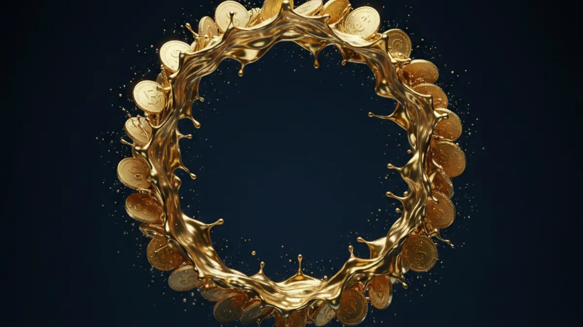 返水概念主視覺：金幣與液態黃金以莫比烏斯環形式循環流動