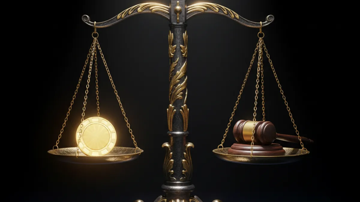 線上娛樂城合法性天秤概念圖:法律天秤一端放賭場籌碼、另一端放法官槌