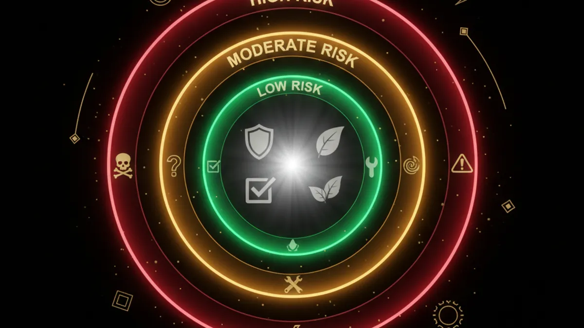 線上博弈風險分級圖:低風險(綠)、中風險(黃)、高風險(紅)三層同心圓