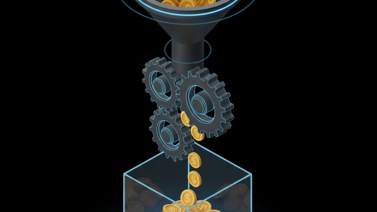 洗碼量概念圖:金幣通過漏斗機制三階段齒輪,達標後進入玻璃金庫