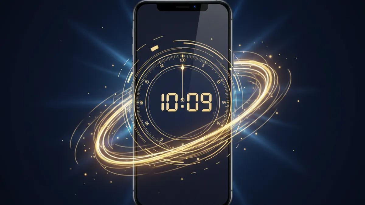 出金速度概念圖:全息時鐘與手機融合,金色光軌代表即時轉帳