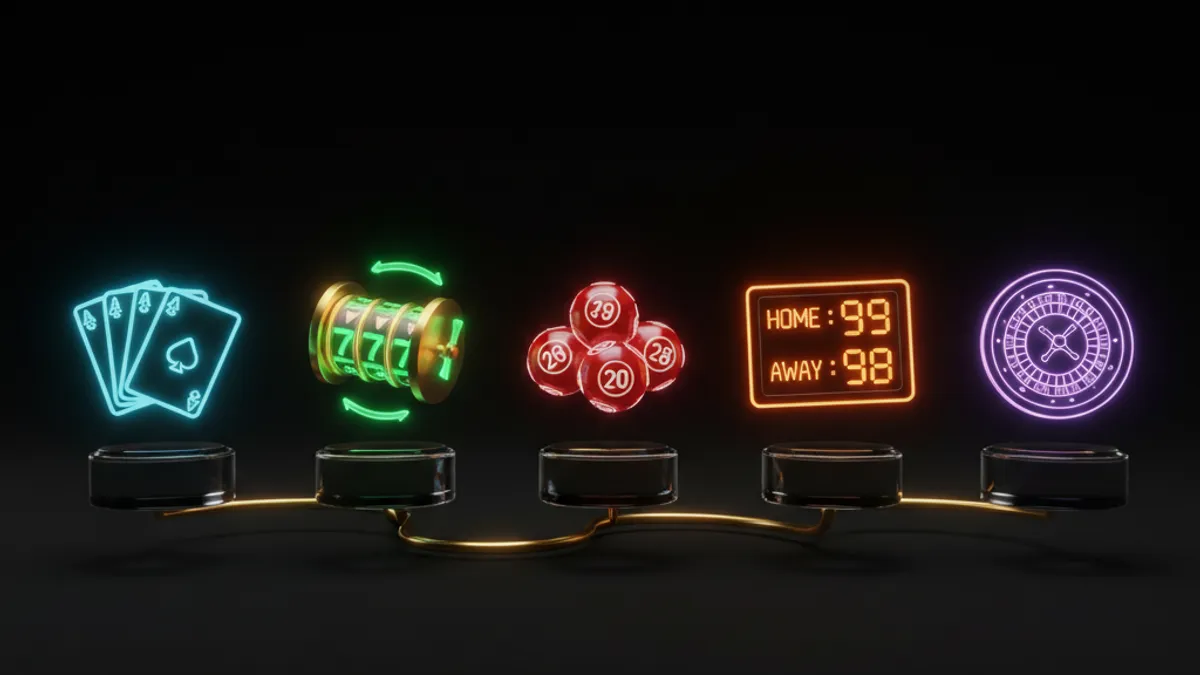 五大博弈遊戲類型:撲克牌(桌遊)、轉輪(老虎機)、號碼球(彩票)、記分板(運彩)、輪盤(真人遊戲)