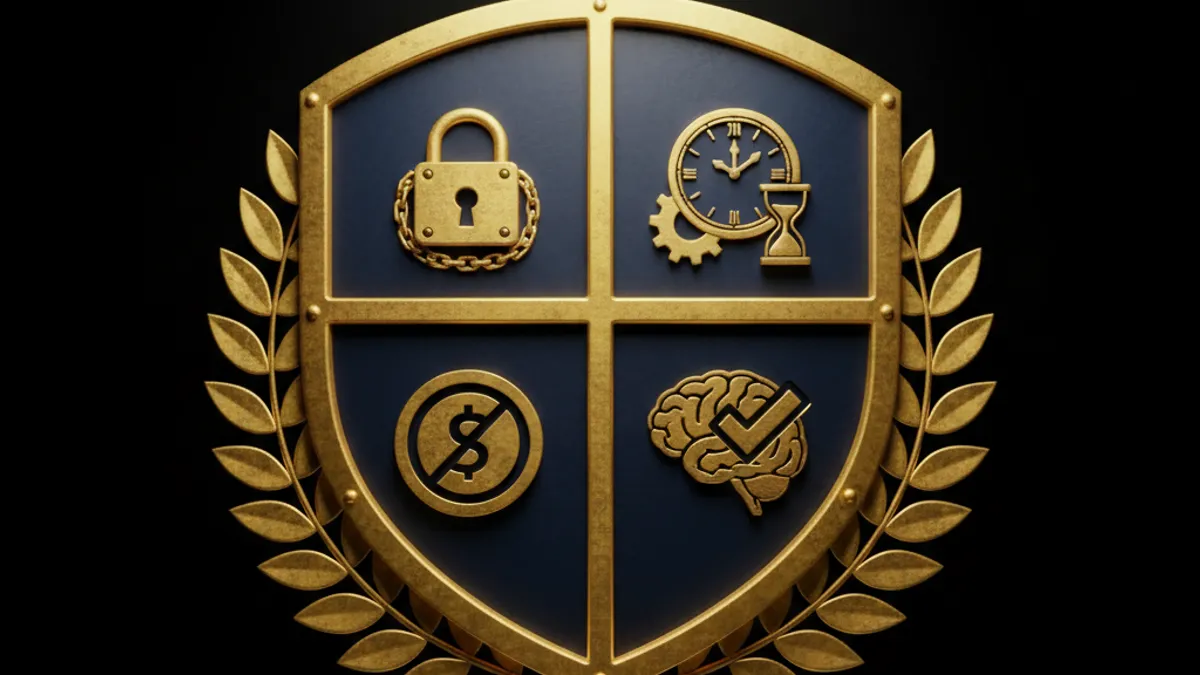 安全博弈四大準則盾牌:帳戶安全(鎖)、時間控管(鐘)、金額限制(幣)、理性判斷(腦)