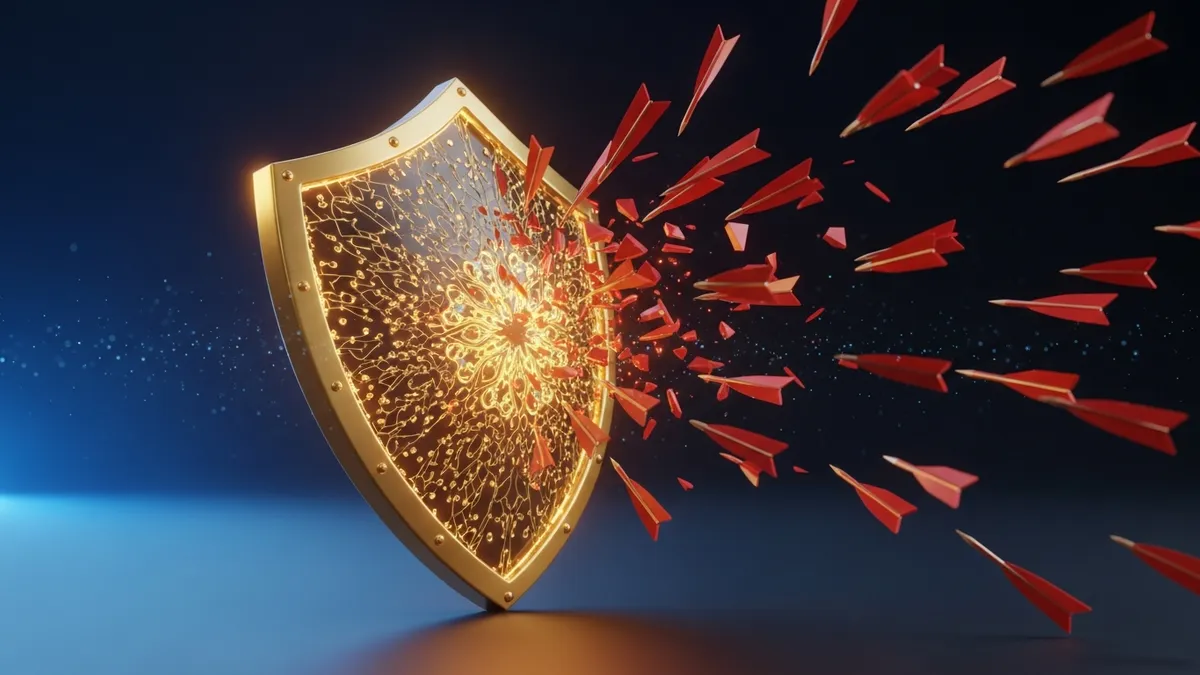 博弈防詐指南:金色保護盾牌擋住紅色危險箭頭