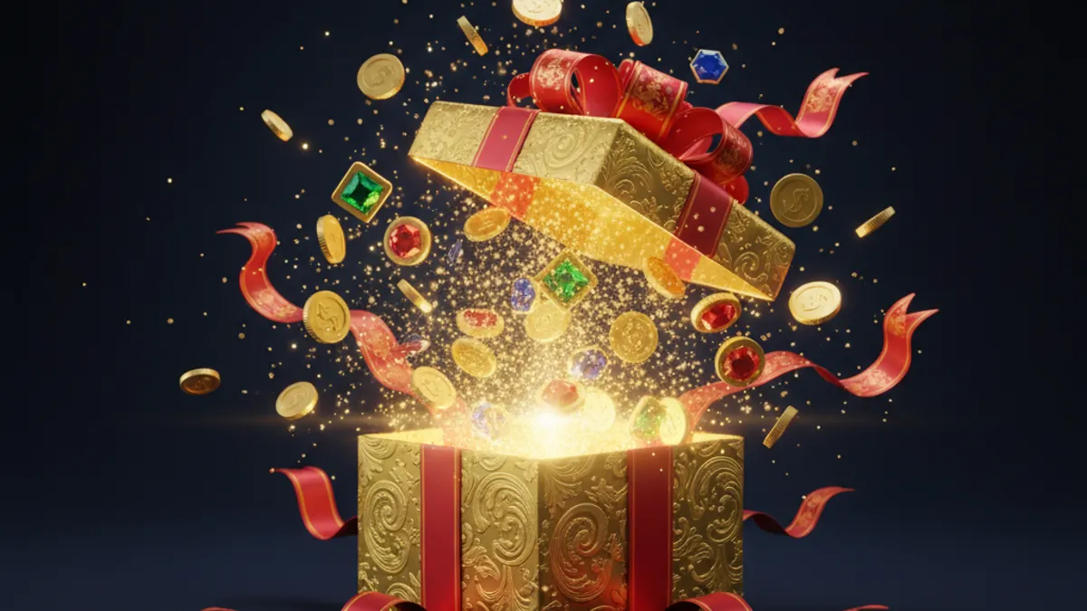 新手禮包領取：金色禮盒爆開，金幣與寶石四散