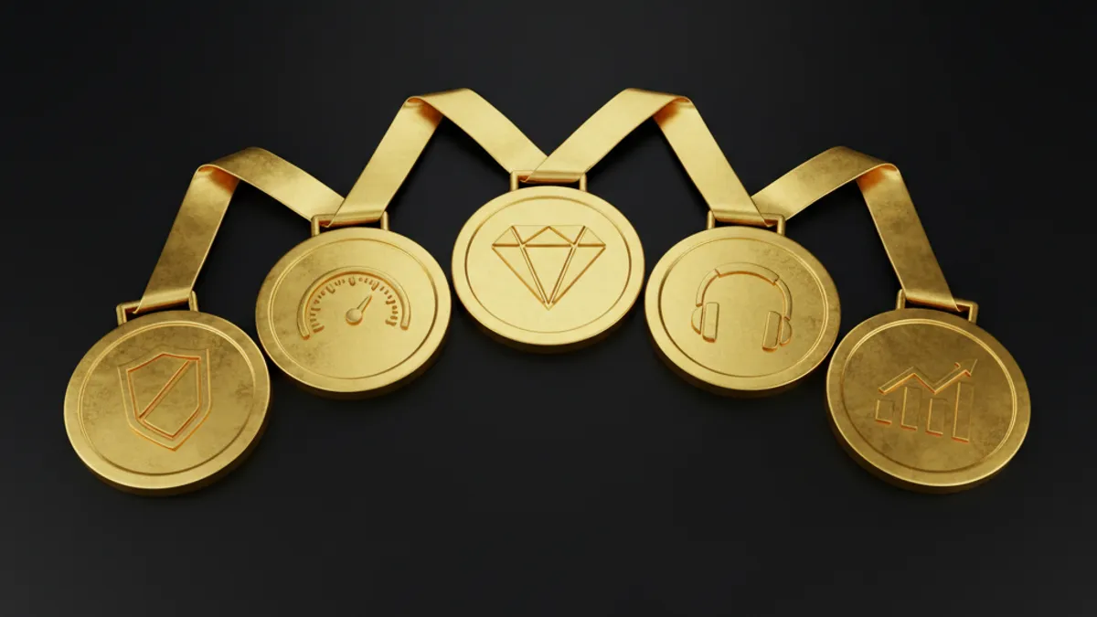 五個選台指標：盾牌、速度計、寶石、耳機、圖表五枚金色獎章