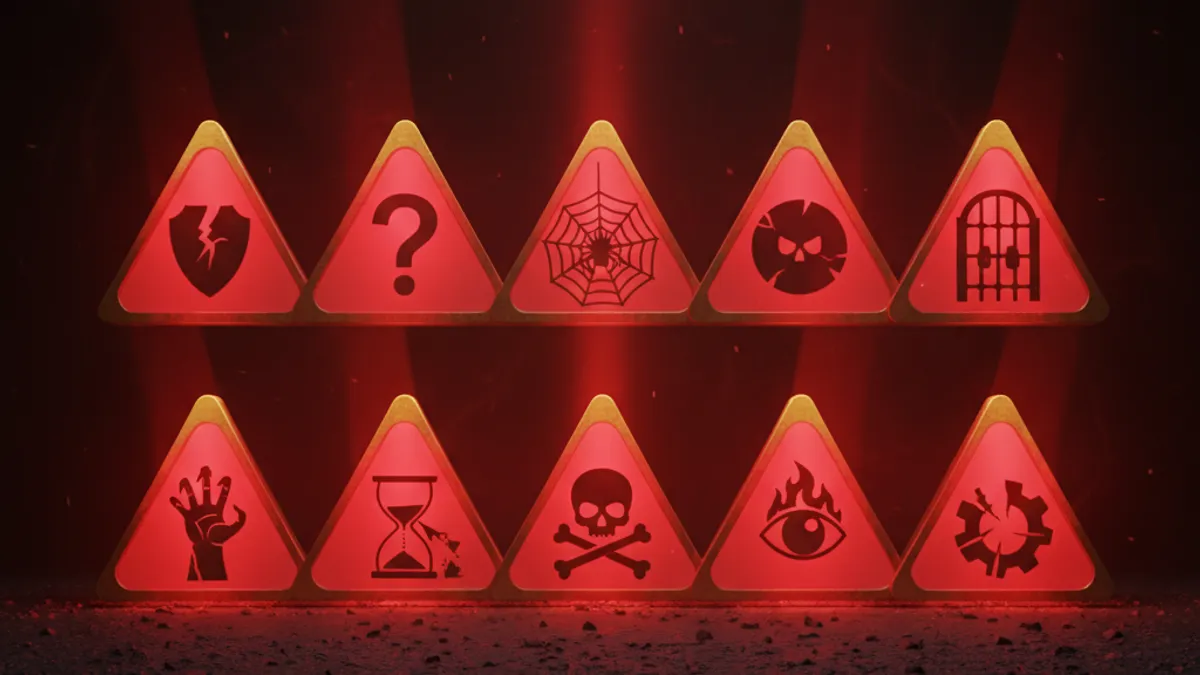 非法娛樂城十大紅旗:兩排各五個紅色三角警告標誌