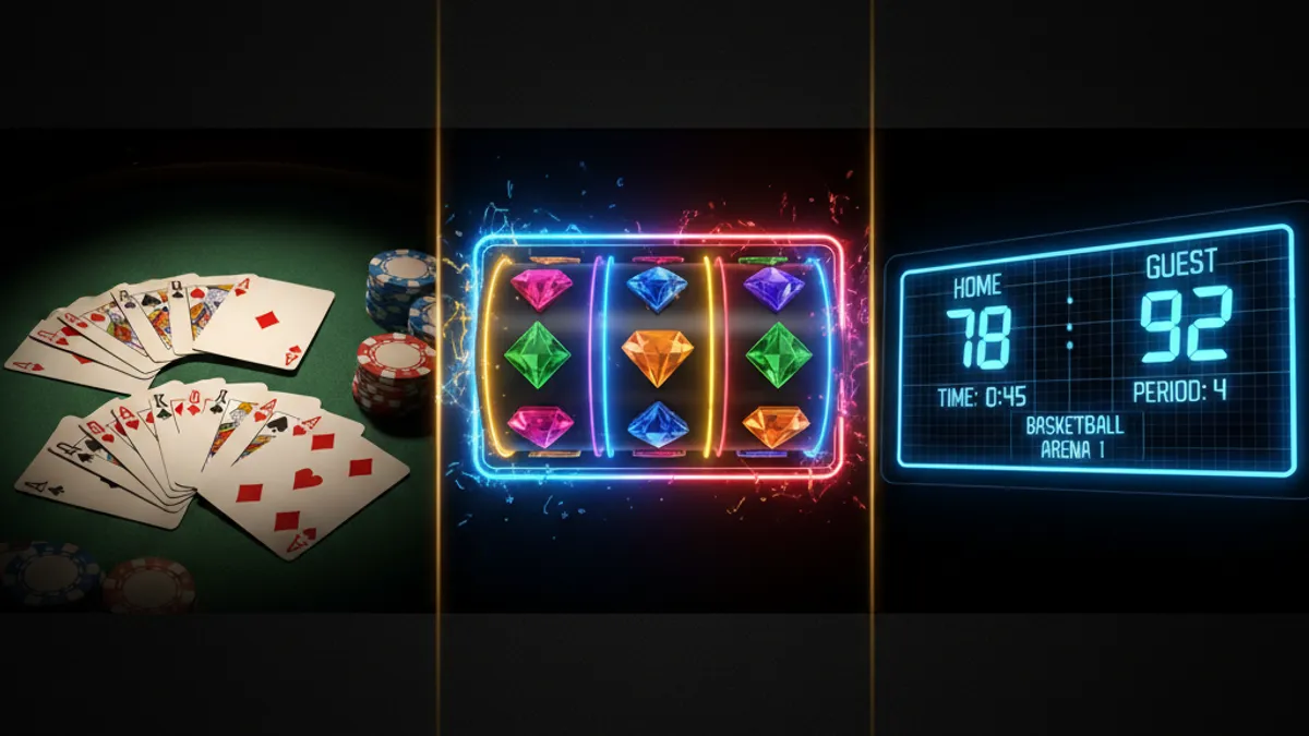 三種遊戲類型：牌桌遊戲、老虎機轉軸、體育記分板三面板展示