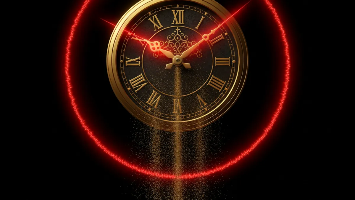 黃金一小時倒計時:金色時鐘顯示 1:00,紅色脈衝環與落沙代表緊迫時間