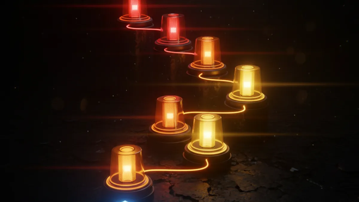 完整報案 SOP 流程:六個從紅到金的信號燈連接成階梯路徑