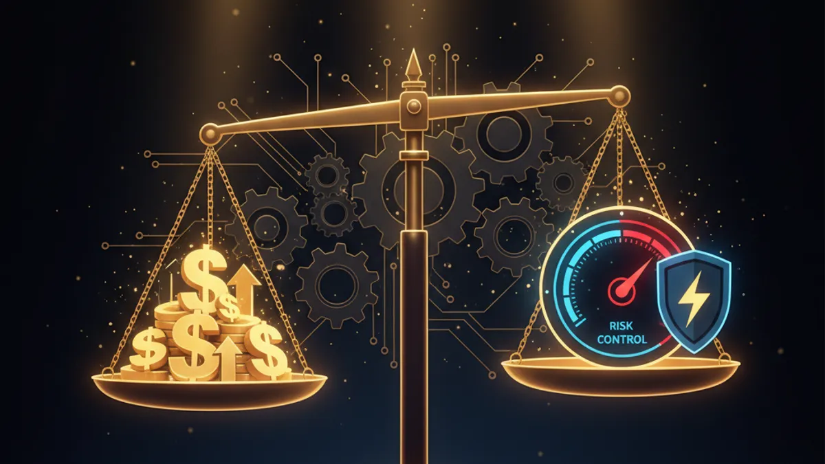 套利風控指南:天秤搭配風險儀表與金色獲利符號