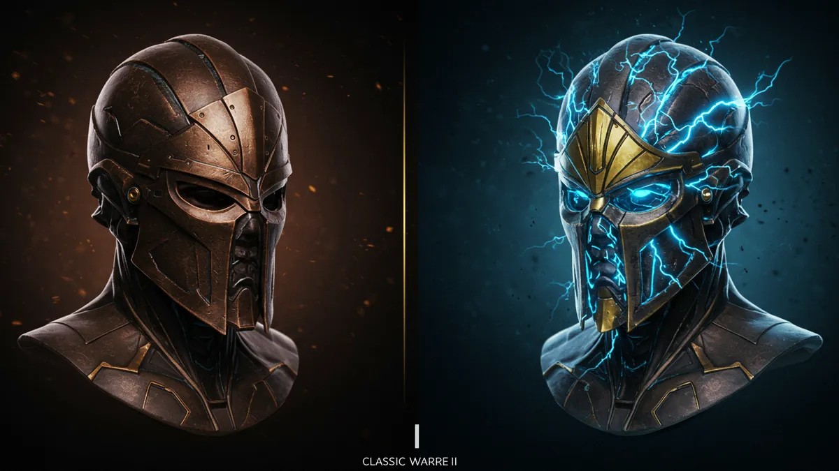 戰神賽特 1 vs 2 對比：左側經典銅色頭盔 vs 右側進化版電光藍頭盔