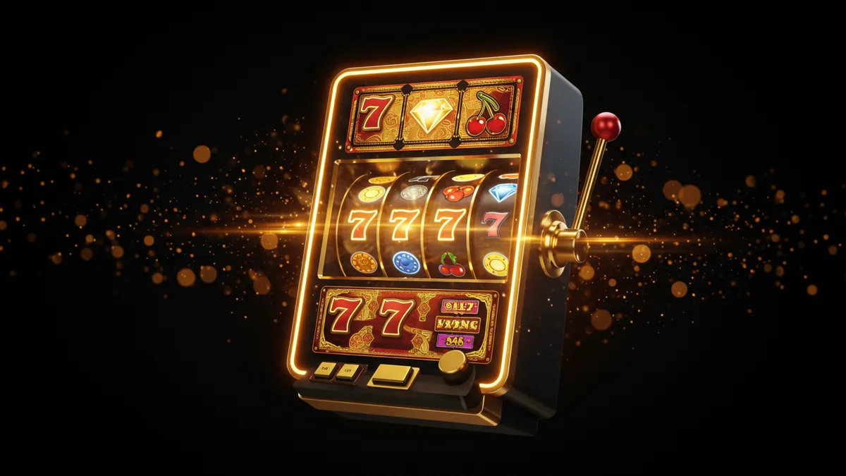 老虎機入門：一台現代老虎機浮在暗色空間中，轉軸正在旋轉