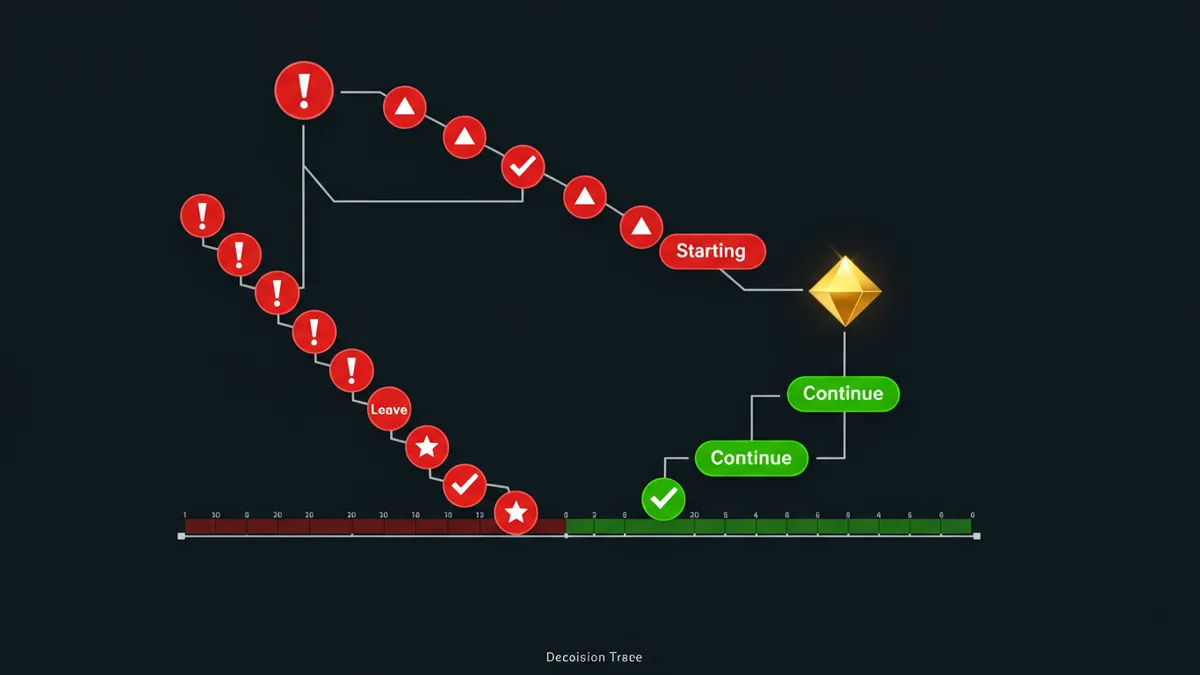 20 轉測試判斷邏輯：時間軸上 20 個標記後分岔為離開（紅）和繼續（綠）兩條路徑