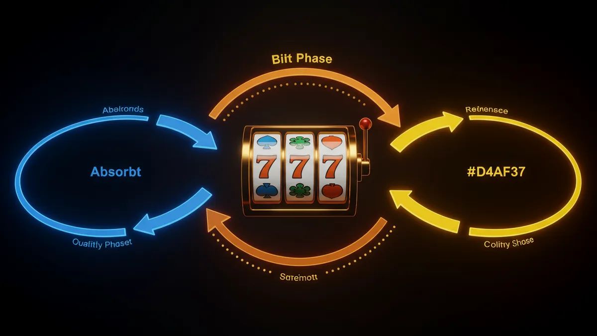 老虎機三階段循環圖：養台期（藍）→ 咬分期（琥珀）→ 吐分期（金）環形流程