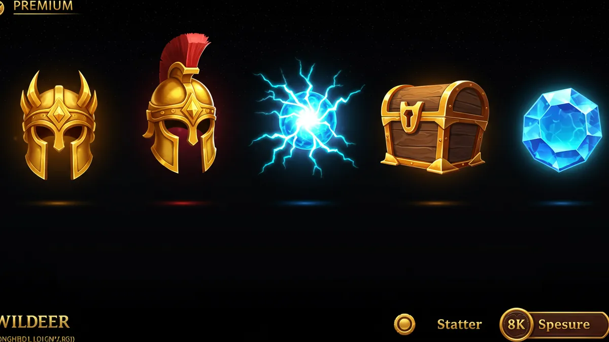 戰神賽特主要符號展示：金色戰士頭盔（Wild）、閃電球（Scatter）、寶箱（Bonus）