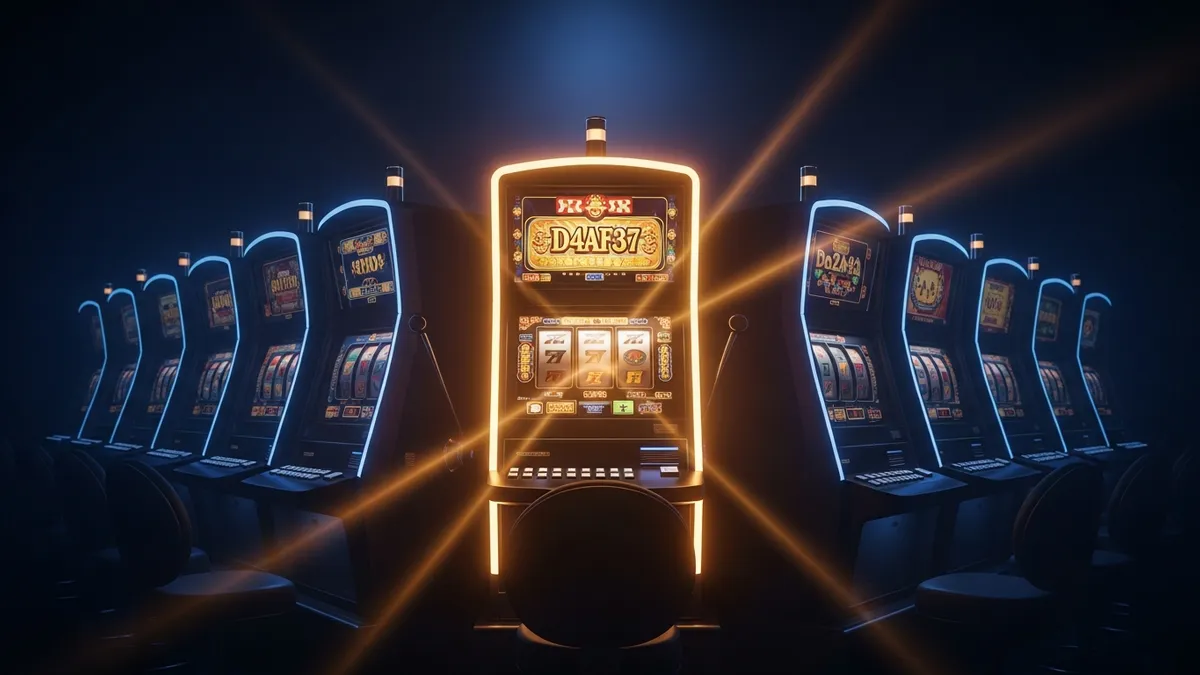 選台策略指南:一排老虎機中一台以金色光芒突顯