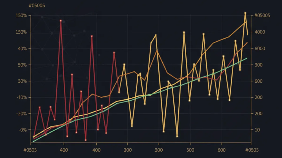 三種波動率資金曲線:紅色(高)大起大落、黃色(中)適度波動、綠色(低)平穩