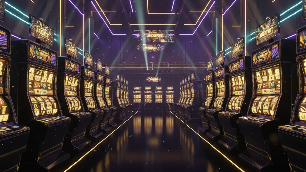 老虎機攻略終極指南：霓虹燈下的老虎機大廳，金色光線穿透紫色煙霧