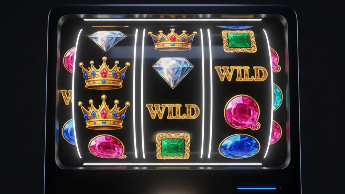 老虎機遊戲介面解說：5×3 轉軸、金色符號、旋轉按鈕與控制面板