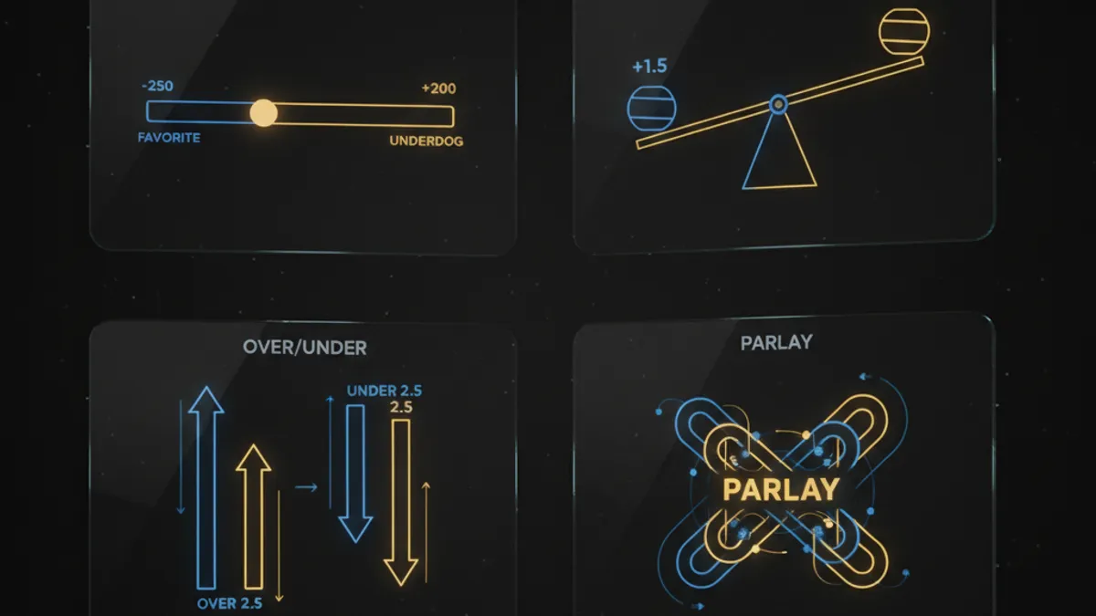 四種運彩投注類型圖解：獨贏（滑尺）、讓分（蹺蹺板）、大小分（升降柱）、串關（鏈結）
