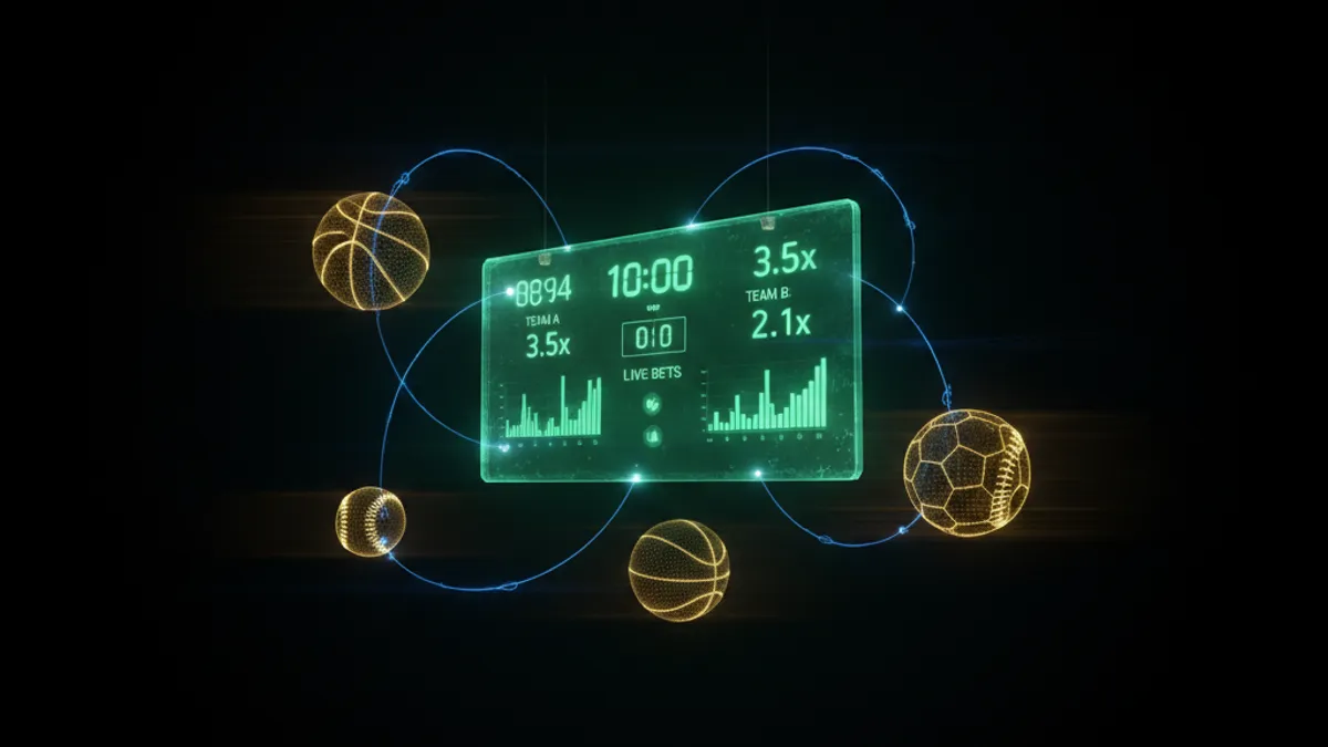 運彩投注指南主視覺：全息投影記分板與籃球、足球、棒球金色線框圖示